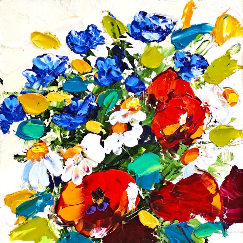 Cornflowers Painting Poppy Original Art Daisy Impasto Oil Painting Floral Art - 海報/掛畫/掛布 - 其他材質 多色