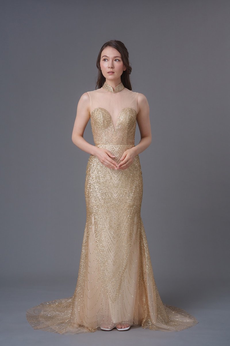 Golden Daffodil Mermaid Bridal Qipao - Immediate Stock - กี่เพ้า - วัสดุอื่นๆ สีทอง