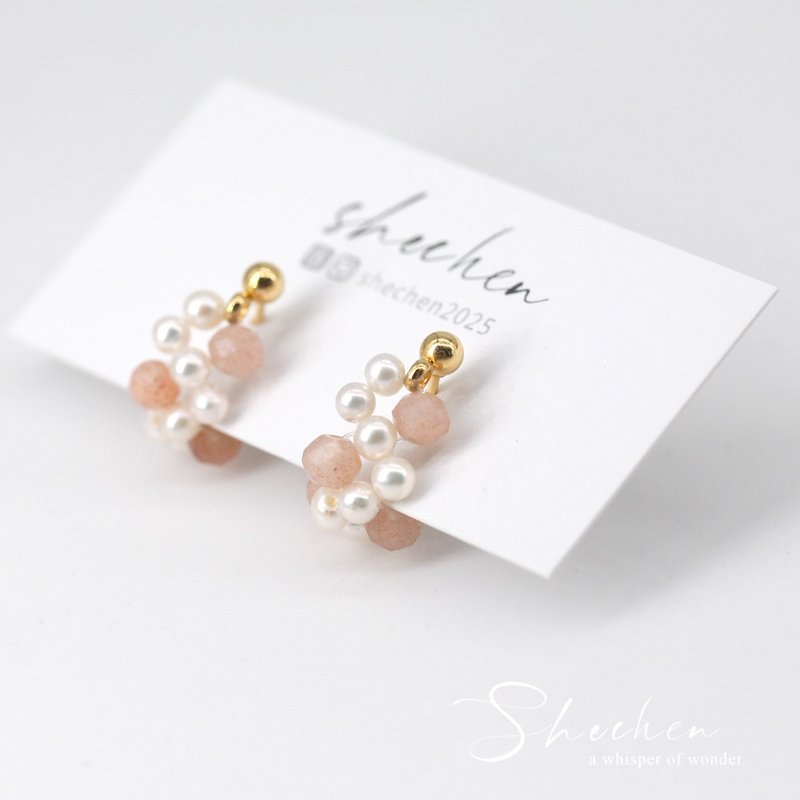 天然珍珠拉長石 橘色月光石 粉紅碧璽編織耳圈 迷你珍珠編織 - 耳環/耳夾/耳骨夾 - 珍珠 白色