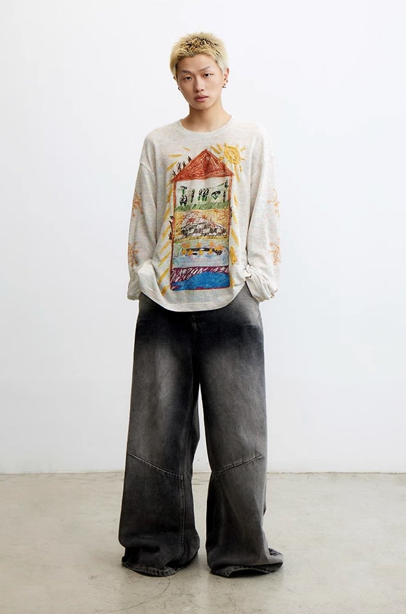 Tai Ji House Colored Lead Graffiti Sunshine House Loose Long T-Shirt - เสื้อฮู้ด - ผ้าฝ้าย/ผ้าลินิน สีเทา