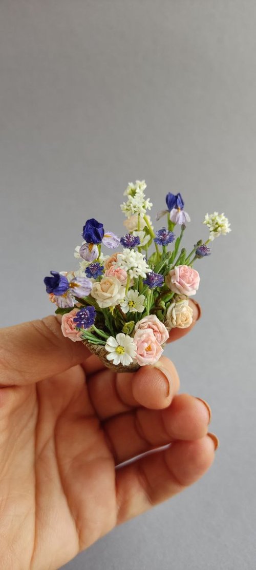 Basket of irises and roses. Botanical miniature 1:12.