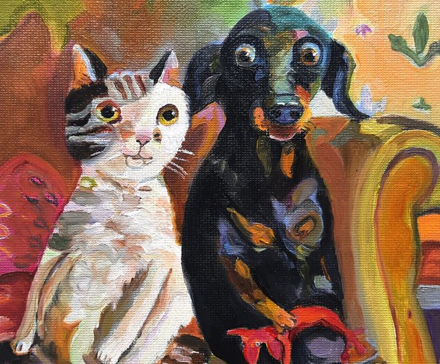 予約販売 猫と犬の絵画 オリジナルアート 段ボールに描かれた小さな油絵 絵画