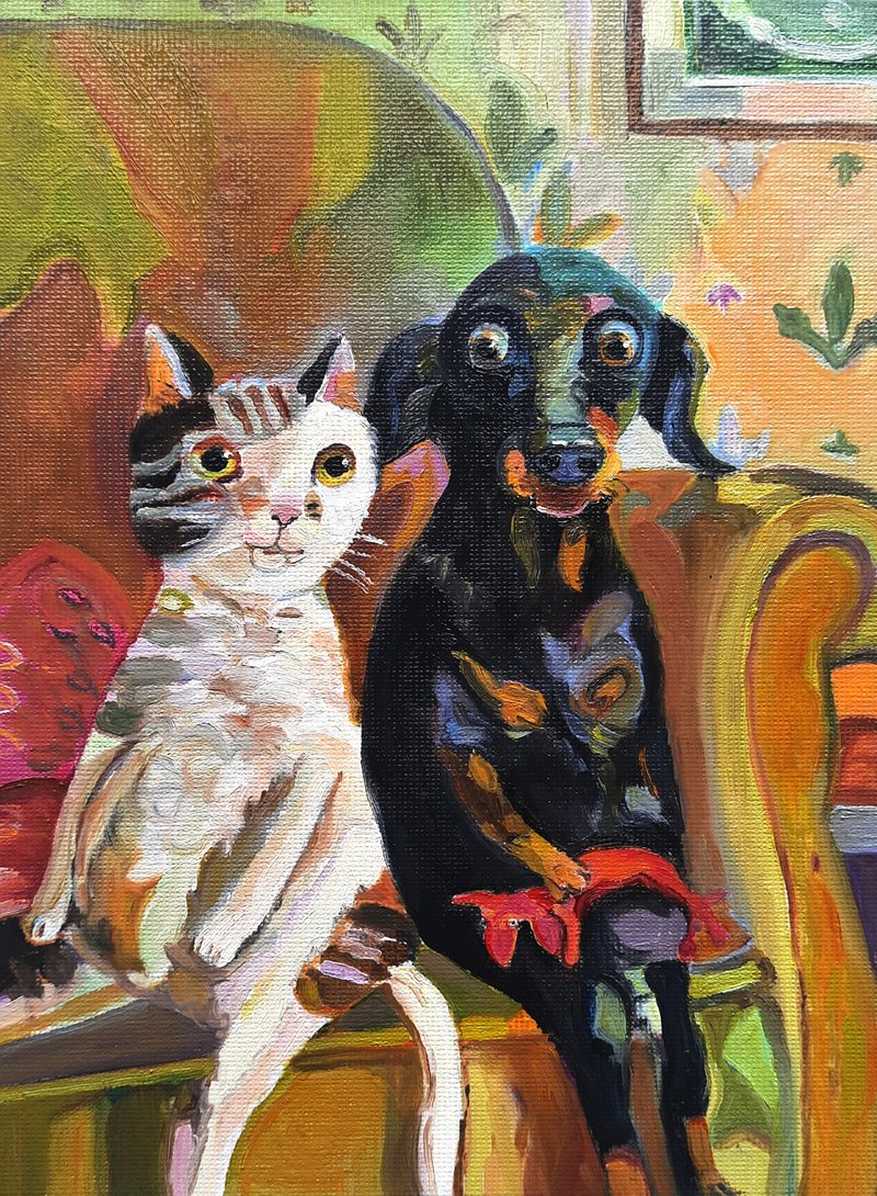 Cat and Dog Painting Original Art Small  Oil Painting on Cardboard - 壁貼/牆壁裝飾 - 其他材質 橘色