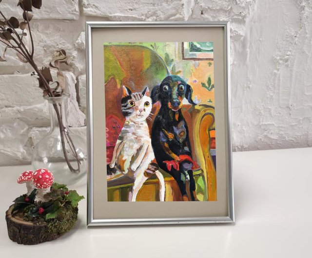 絵画 インテリア 油絵 uF6-071219 猫たちと犬たち 猫と犬の絵画 オリジナルアート 段ボールに描かれた小さな油絵