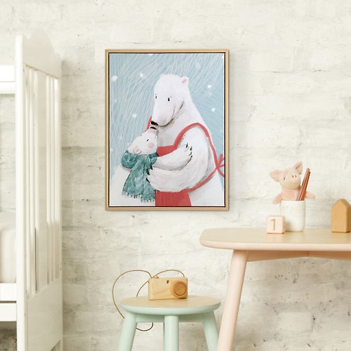 菠蘿選畫所 大熊抱抱-可愛童趣感北極熊掛畫/兒童房佈置/幼兒園擺設/親子禮物