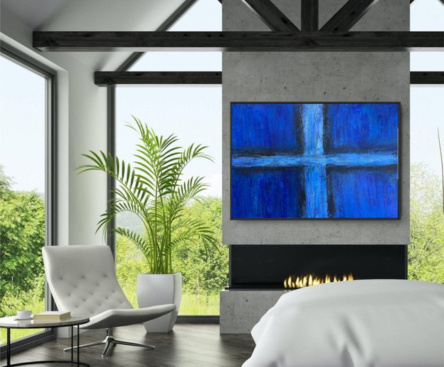 Original Light Blue Cross Acrylic Painting Modern Abstract Oil Wall Ar