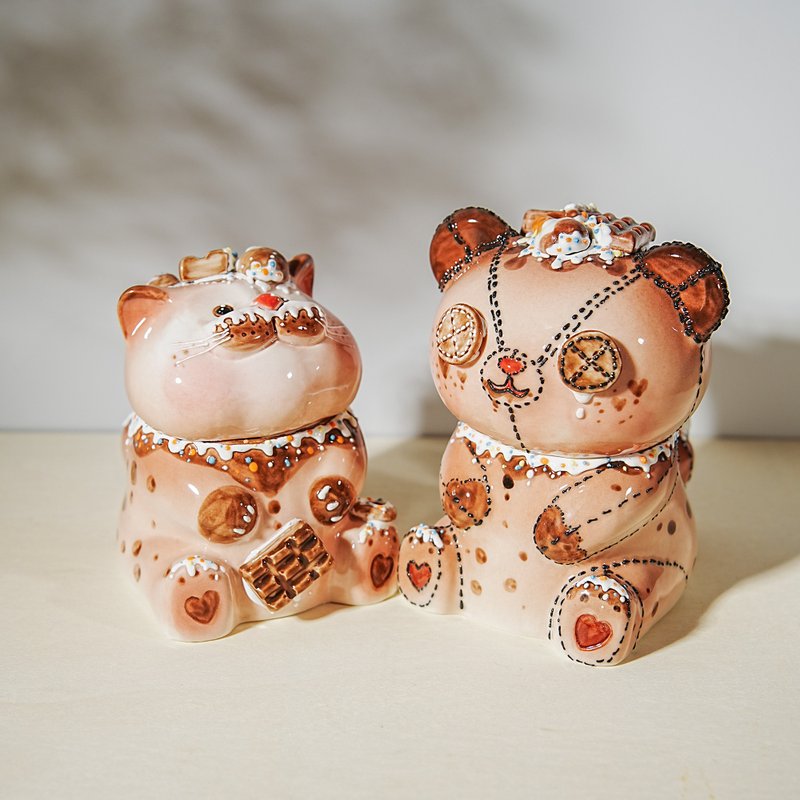 Quirky Ceramic Containers-Bear and Cat Duo | Versatile Pottery Jar for Ring - Items for Display - Pottery Pink