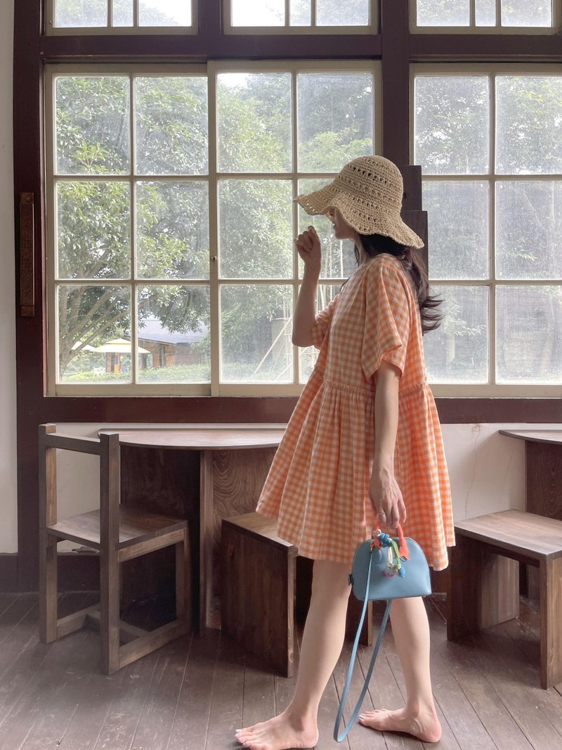 VimeVime Classic Mini Dress - Orange Gingham - 洋裝/連身裙 - 棉．麻 橘色