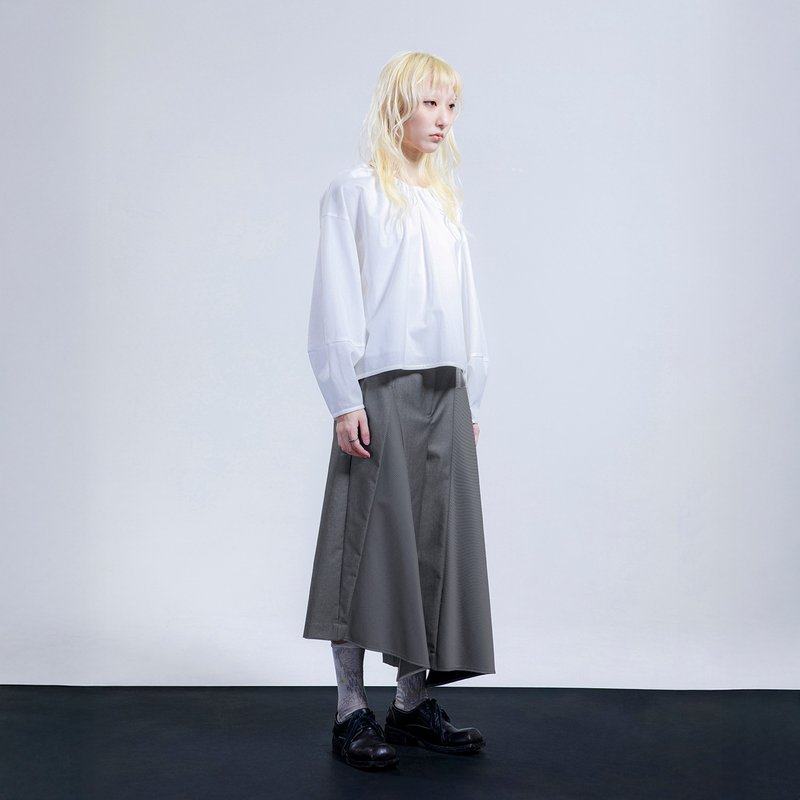 三角剪接不對稱長褲 - 女長褲 - 棉．麻 灰色