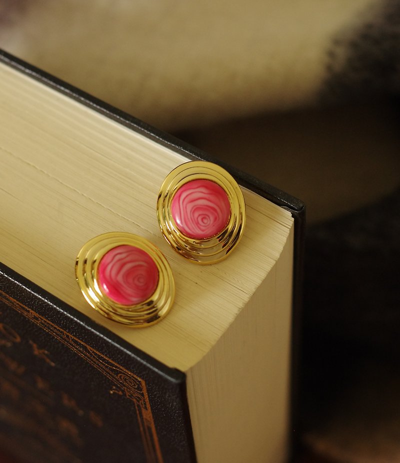 -古董Vintage法國巴黎Orena金色粉紅油畫橢圓夾式耳環C591 - 耳環/耳夾 - 其他金屬 金色