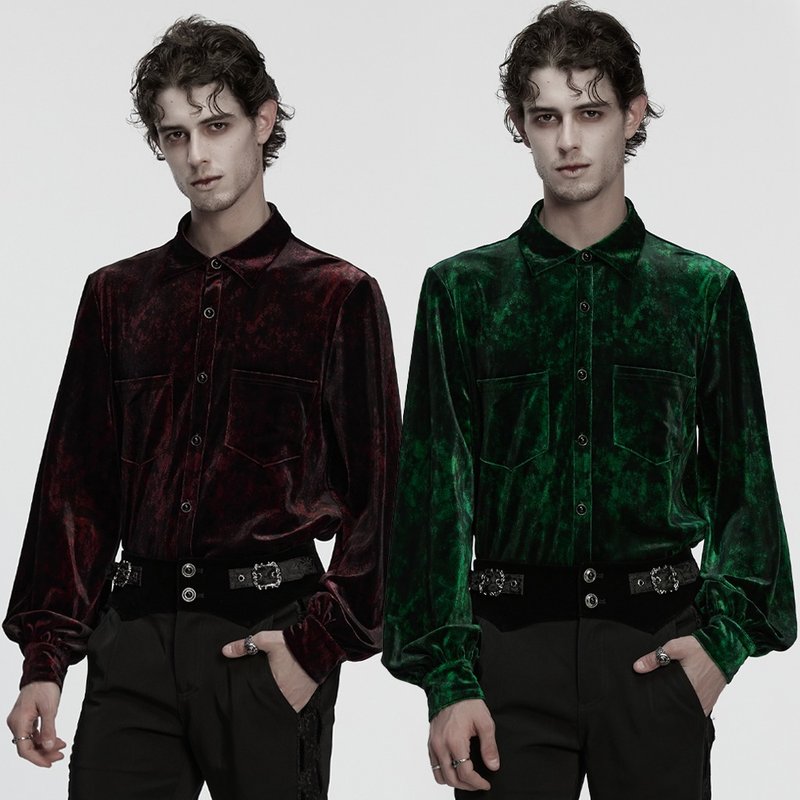哥德牧神光澤絲絨日常襯衫 - 黑 / 綠 / 紅 - 男襯衫/休閒襯衫 - 其他材質 綠色