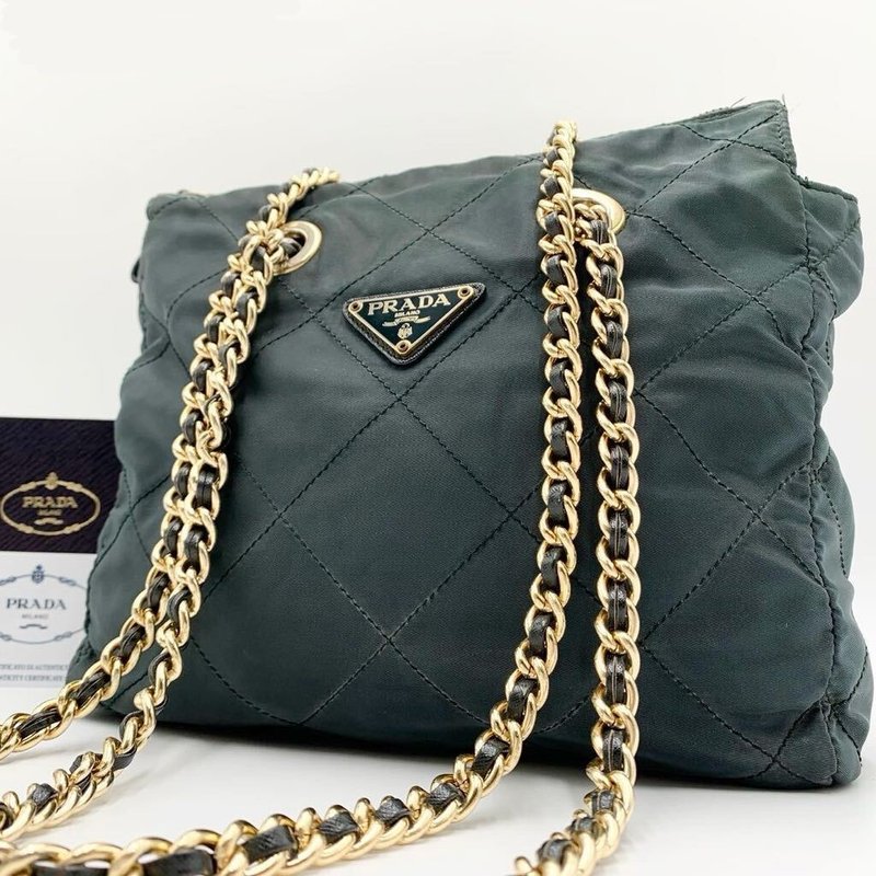 LA LUNE-Rare second-hand Prada dark green parachute gold label side shoulder small bag handbag - กระเป๋าแมสเซนเจอร์ - ไนลอน สีเขียว