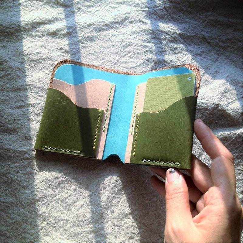 山海短夾_手工縫製 - 長短皮夾/錢包 - 真皮 綠色