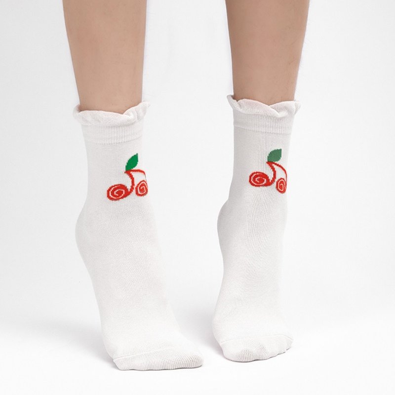 Bubble top cherry print socks - ถุงเท้า - ผ้าฝ้าย/ผ้าลินิน ขาว