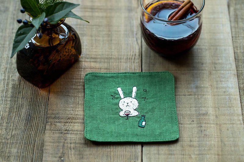 台灣野兔刺繡杯墊 綠 - 杯墊 - 棉．麻 綠色