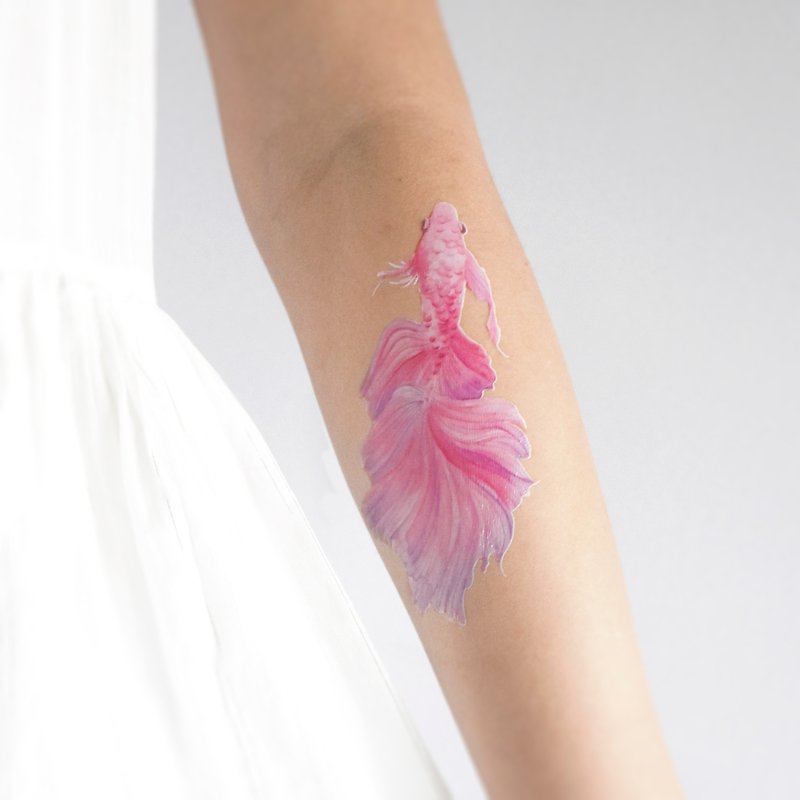 粉紅水彩鬥魚紋身貼 // 游水小魚貼 - 紋身貼紙/刺青貼紙 - 紙 粉紅色