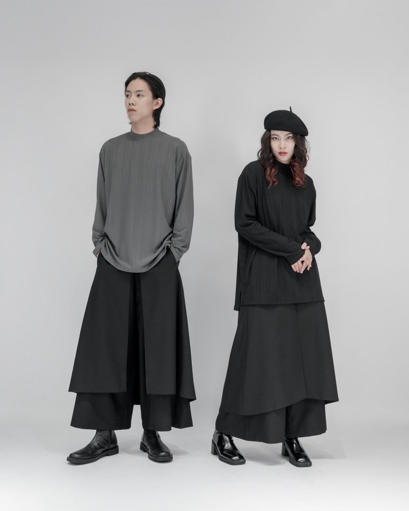 MUKK DESIGN 細坑條微立領薄長袖上衣-灰 - 男 T 恤 - 聚酯纖維 灰色