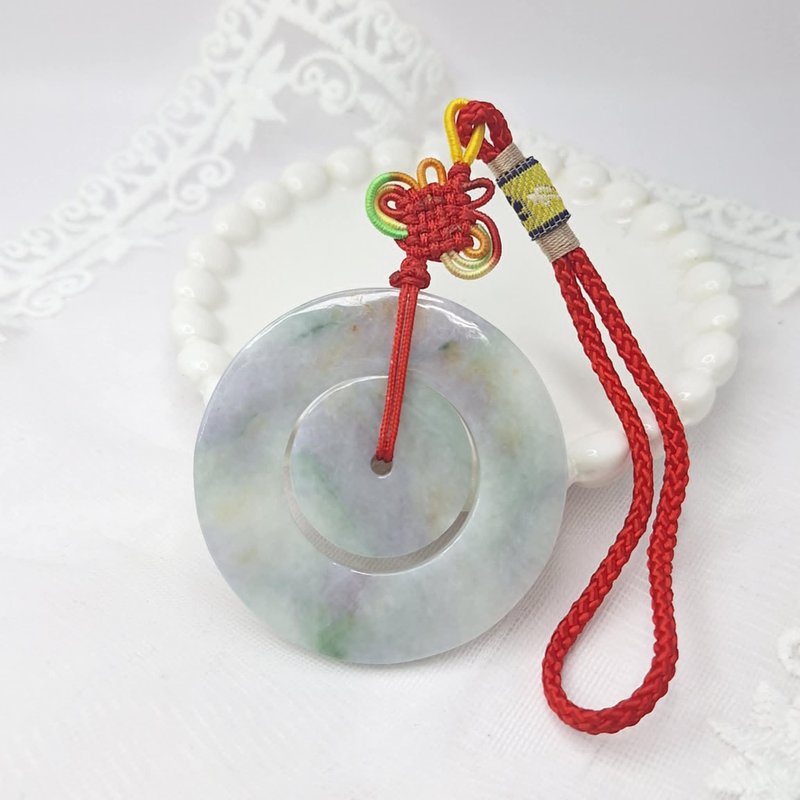 Warm and colorful yellow, green, purple, white and red peace buckle pendant | natural Burmese jade A grade jade - Necklaces - Jade 