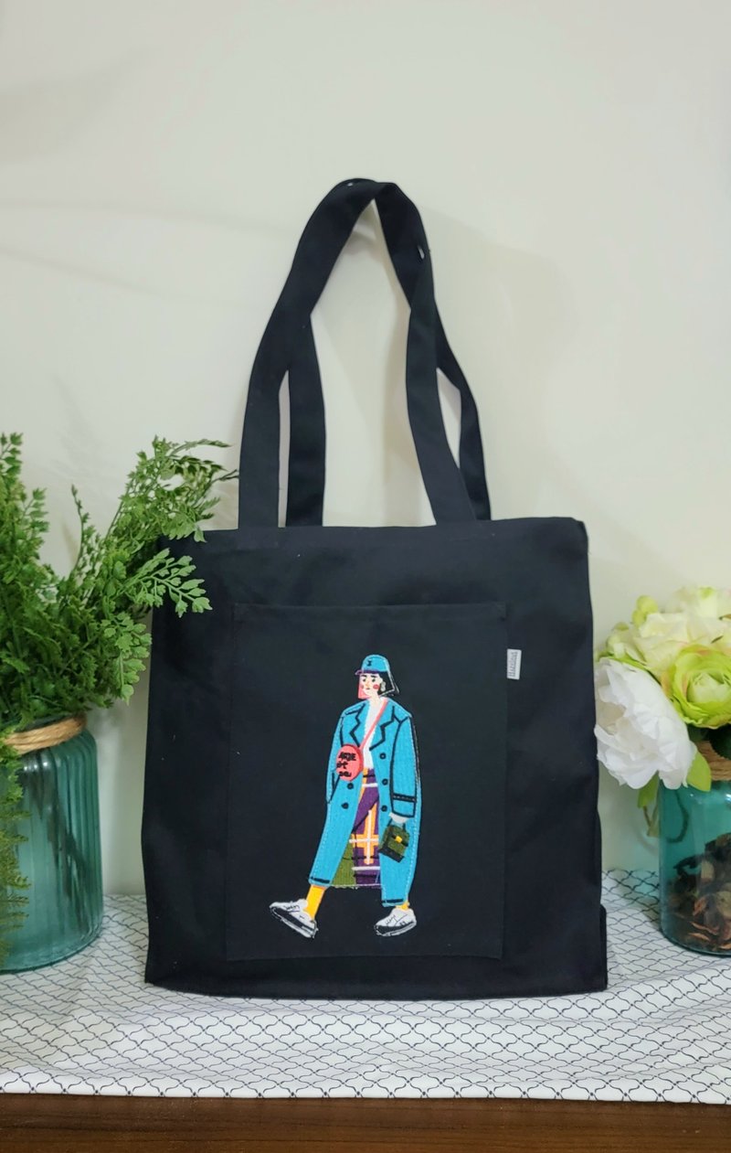 Blue coat cartoon girl embroidered patch black canvas handbag cotton canvas handmade shoulder bag side back - กระเป๋าถือ - ผ้าฝ้าย/ผ้าลินิน 