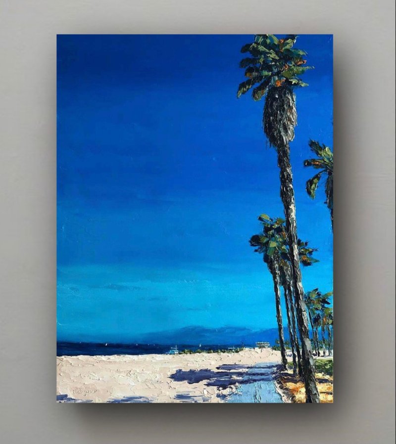 Original Palms Landscape Oil Painting On Canvas Sunny Landscape Textured Impasto - 壁貼/牆壁裝飾 - 棉．麻 多色