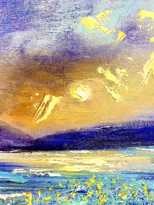 豪華な夕日の海のアートワーク。オーシャンオイルアート。小さな