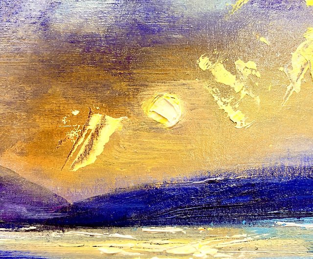 豪華な夕日の海のアートワーク。オーシャンオイルアート。小さな雲の 