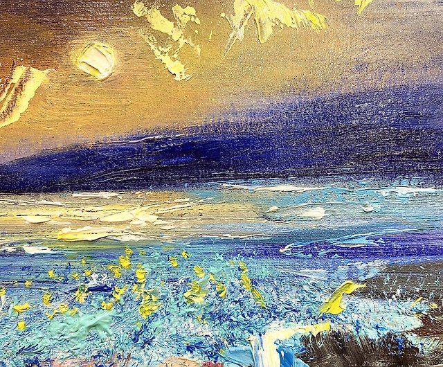 豪華な夕日の海のアートワーク。オーシャンオイルアート。小さな雲の 