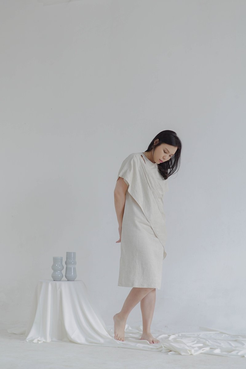 Cut-out Dress with front drapery - Beige - One Piece Dresses - Cotton & Hemp Khaki