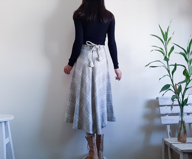 Vintage 70s Grey Cream Plaid Tartan A Line Wool Long Skirt Size M Waist 28 Inch Shop ISSARA ART GALLERY Skirts Pinkoi