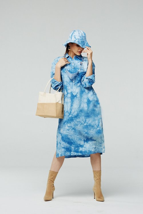 HOMRAK Casual style linen shirtdress with long sleeve (handmade tie dye natural color)