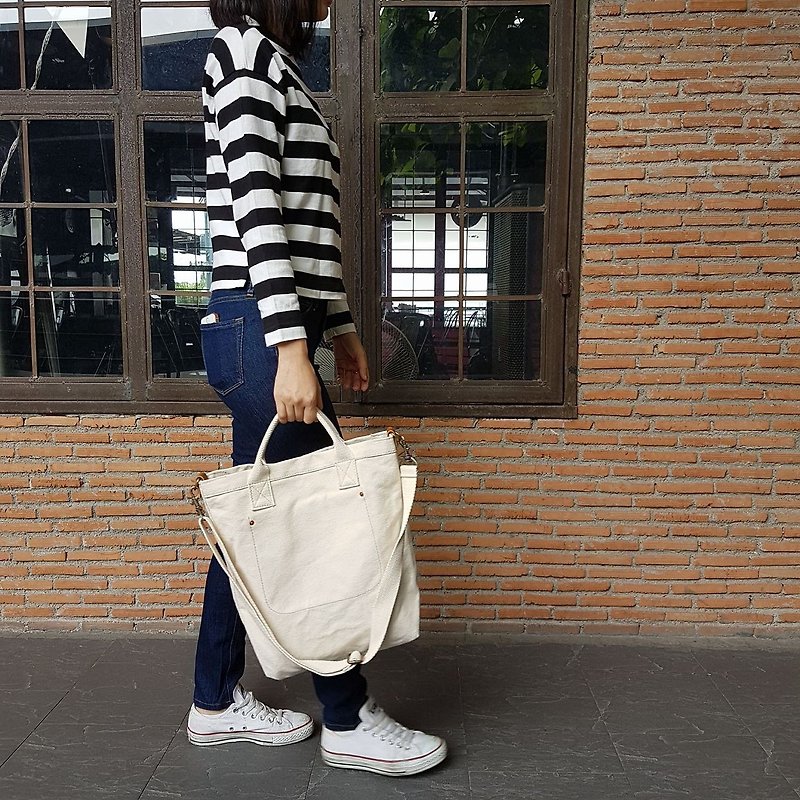 New Off-white Simply Satchel Canvas Bag with zipper - 手袋/手提袋 - 棉．麻 白色