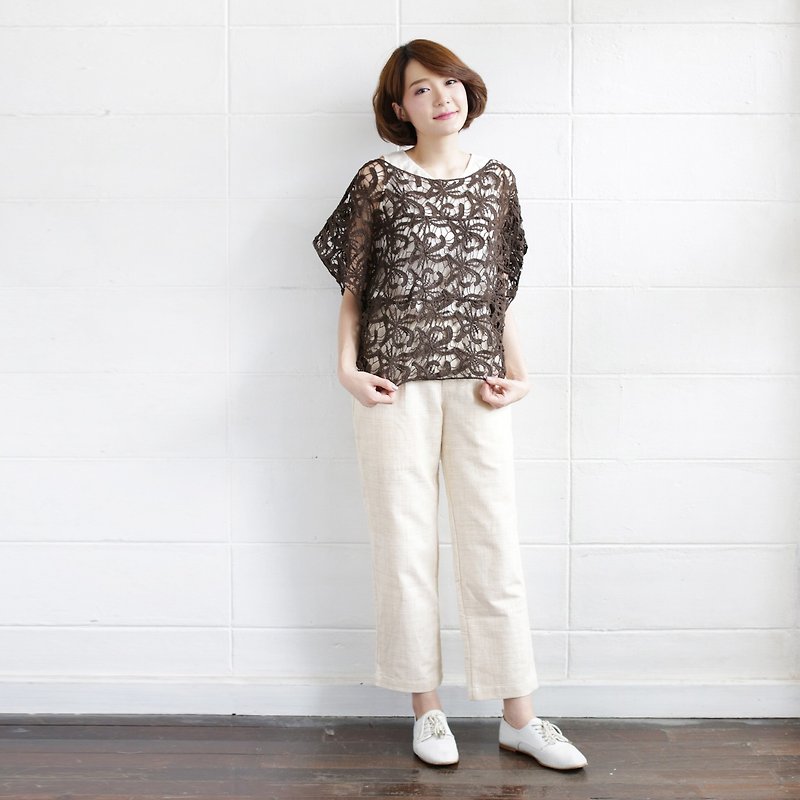Brown Over-Size Tops Lace Cotton Ylang-ylang - 女裝 上衣 - 棉．麻 咖啡色