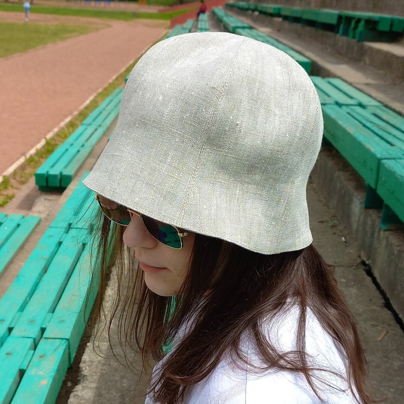 Linen hat bell sun protection. Beige panama hat tulip. Summer linen bucket hat. - 帽子 - 亞麻 灰色