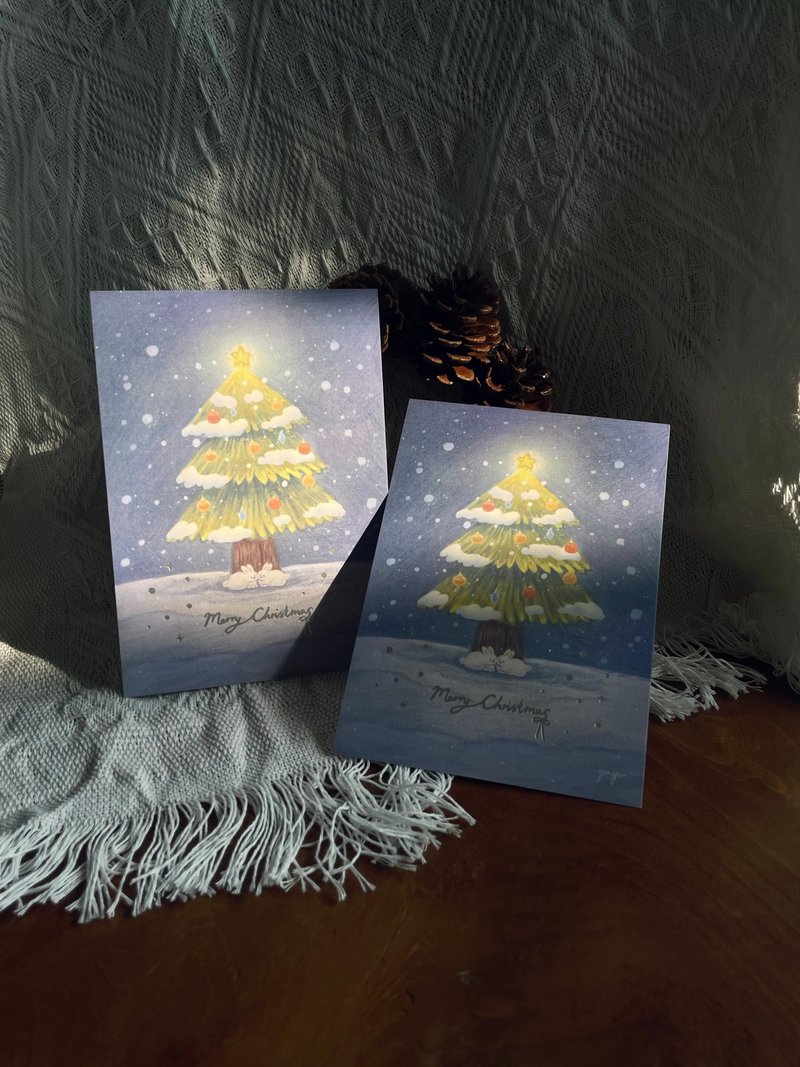 Partially hot stamped Silver Christmas card with bunny nesting under the Christmas tree - การ์ด/โปสการ์ด - กระดาษ สีเงิน