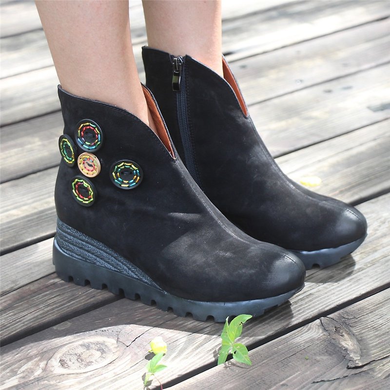 Retro Nubuck Boots For Womens Leather Platform Boots Black/Coffee - รองเท้าบูทสั้นผู้หญิง - หนังแท้ สีดำ