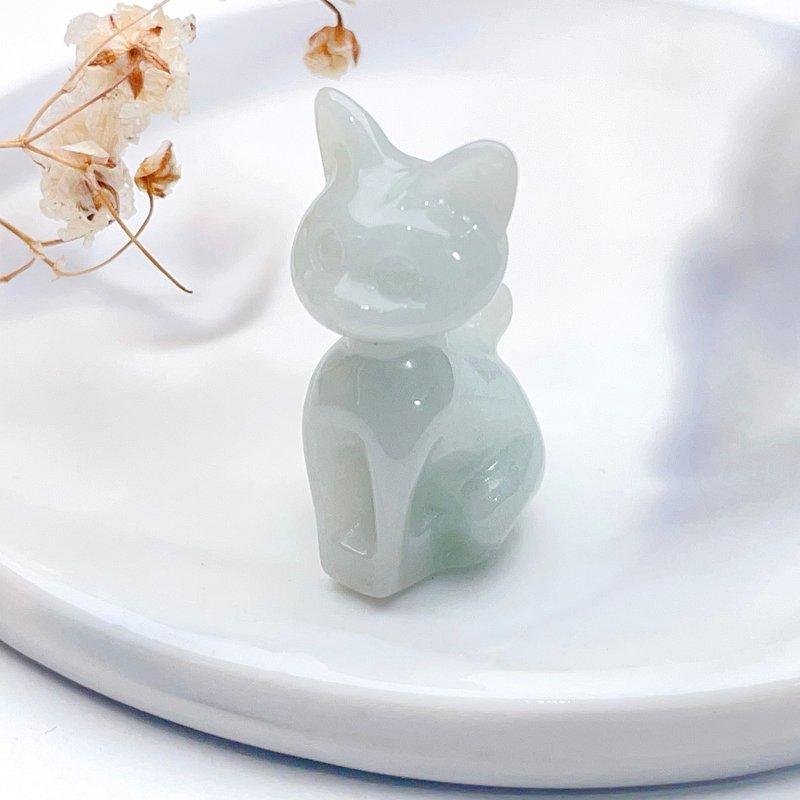 Ice Waxy Green Jade Cat Ornament | Natural Burmese Jade A Goods | - Other - Jade White