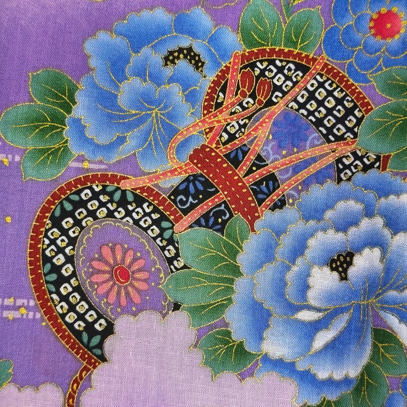 Vintage Japanese Handkerchief – Floral with Tsuzumi Drum 19 x 19 inches - 手帕 - 棉．麻 藍色