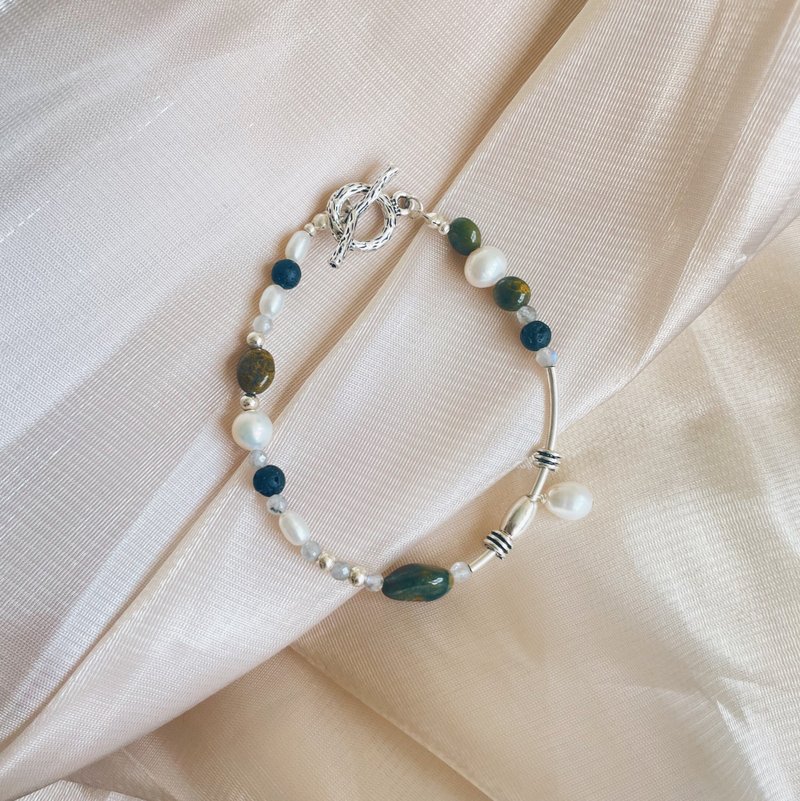 Healing x Ocean Jasper Pearl Sterling Silver Customized Bracelet [Spray With You] OT Buckle - สร้อยข้อมือ - เครื่องประดับพลอย หลากหลายสี