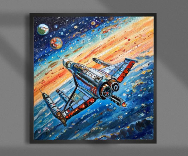 宇宙船の絵画 オリジナルアート 油絵 段ボールに油絵 30x30sm