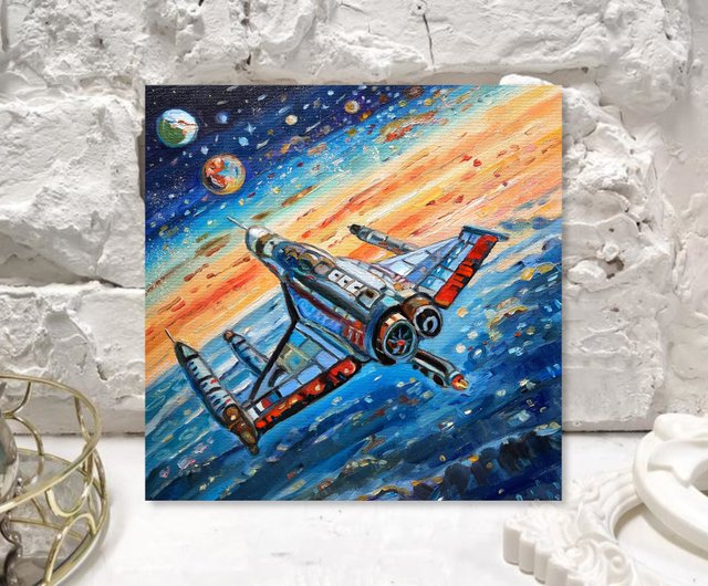 宇宙船の絵画 オリジナルアート 油絵 段ボールに油絵 30x30sm