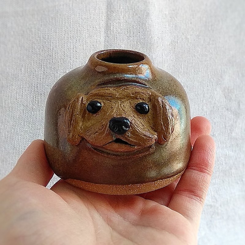 Handmade Ceramic Mini Flower Vase, Animal Home Decoration - Chestnuty Puppy - Pottery & Ceramics - Pottery Brown