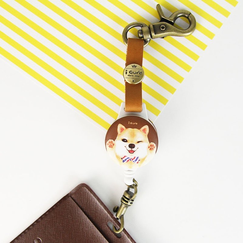 i hook hook and retractable card holder hand-painted wind series-H13. collar pinch dog dog clip card swim card extension telescopic ring leather - ที่ใส่บัตรคล้องคอ - วัสดุอื่นๆ สีนำ้ตาล