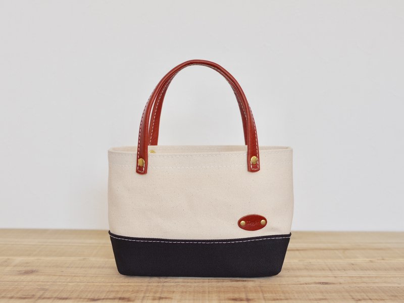 Leather handle canvas mini tote bag XS off-white × black - Handbags & Totes - Cotton & Hemp Black