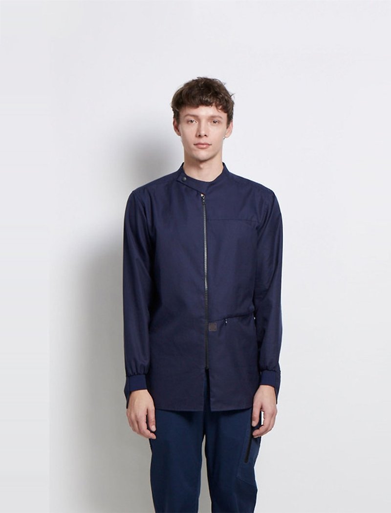 Up and down - stand-up collar pocket zip shirt - navy - Men's Shirts - Cotton & Hemp Blue