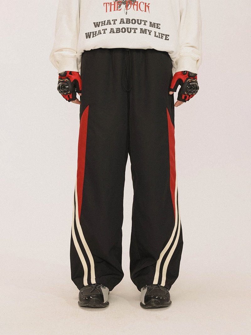 UNVESNO潮牌色塊拼接抽繩休閒運動褲寬松復古運動長褲 TR-3160 - 男長褲/休閒褲 - 其他材質 黑色