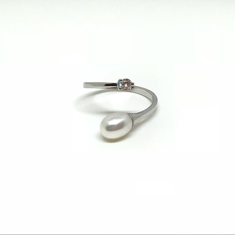 純曖昧 純銀珍珠開放戒指 - 戒指 - 寶石 白色