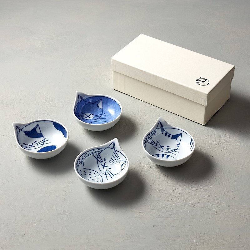 Ishimaru Hatasumi-neco cat-small soup dish gift box (set of 4) - ถ้วยชาม - เครื่องลายคราม ขาว