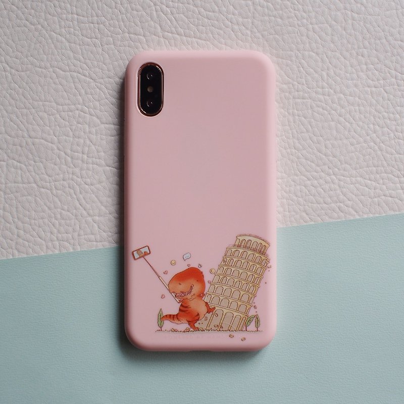 iPhone 14 Case, Selfie Dinosaur and Leaning Tower of Pisa, iPhone 14/ 13pro , 13mini, 12 pro - Phone Cases - Plastic Pink