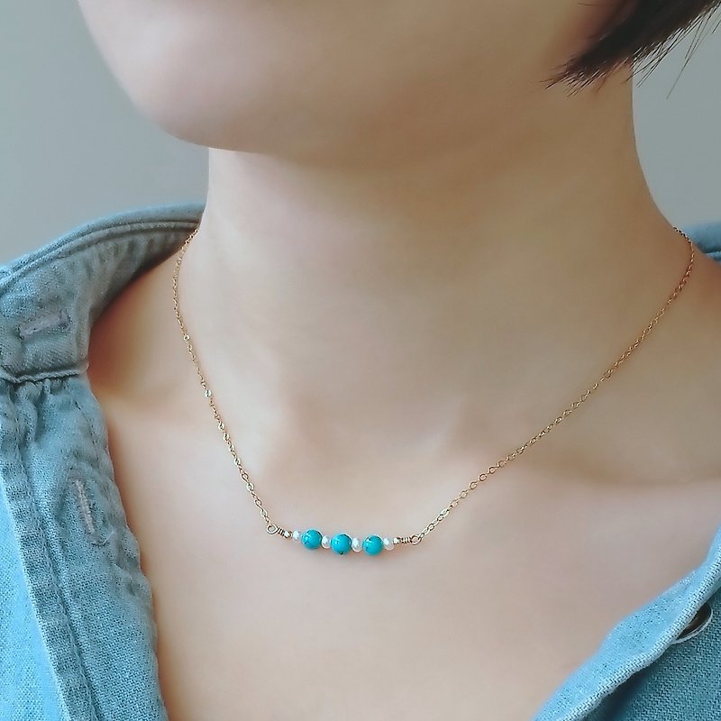Turquoise Freshwater Pearls Beaded Bar 14Kgf Handmade Necklace - Necklaces - Semi-Precious Stones Blue