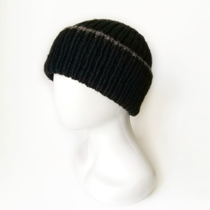 Men's Winter Knitted Hats: Black Beanies with Brown Stripe, Handmade Ribbed Caps - Hats & Caps - Wool Black